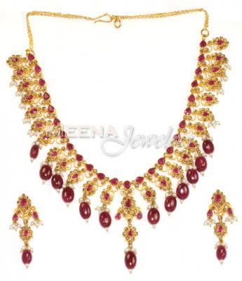 22Kt Gold Diamond Polki and Ruby Necklace Set ( Diamond Necklace Sets )