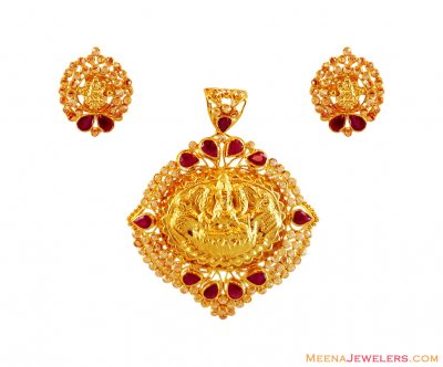 Gold Laxmi Devi Pendant Set ( Precious Stone Pendant Sets )