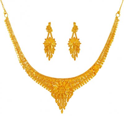 22K Floral Necklace Earring Set ( 22 Kt Gold Sets )