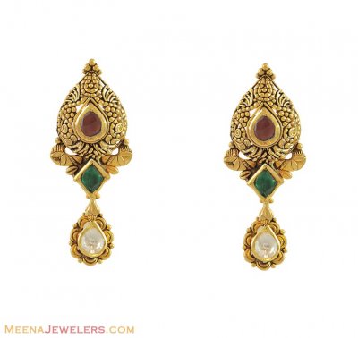 22k Antique Kundan Earrings ( 22Kt Gold Fancy Earrings )