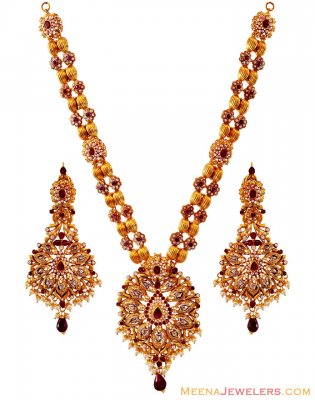 Antique Ruby, Pearls Necklace Set (22Kt) ( Gold Designer Sets )
