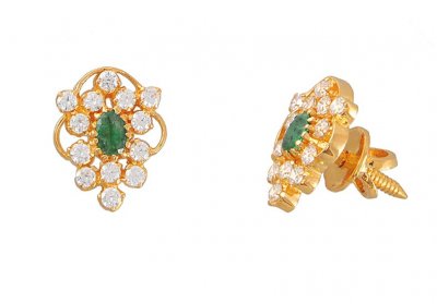 Gold Earrings with CZ and emerald  ( Precious Stone Earrings )