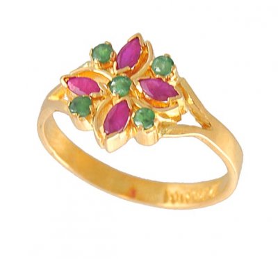 22k Gold Ring with Emerald and Ruby ( Ladies Rings with Precious Stones )