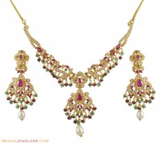 22k Necklace set with Precious Stones ( Gold Designer Sets )
