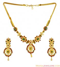 Ruby Emerald Pearls Necklace Set