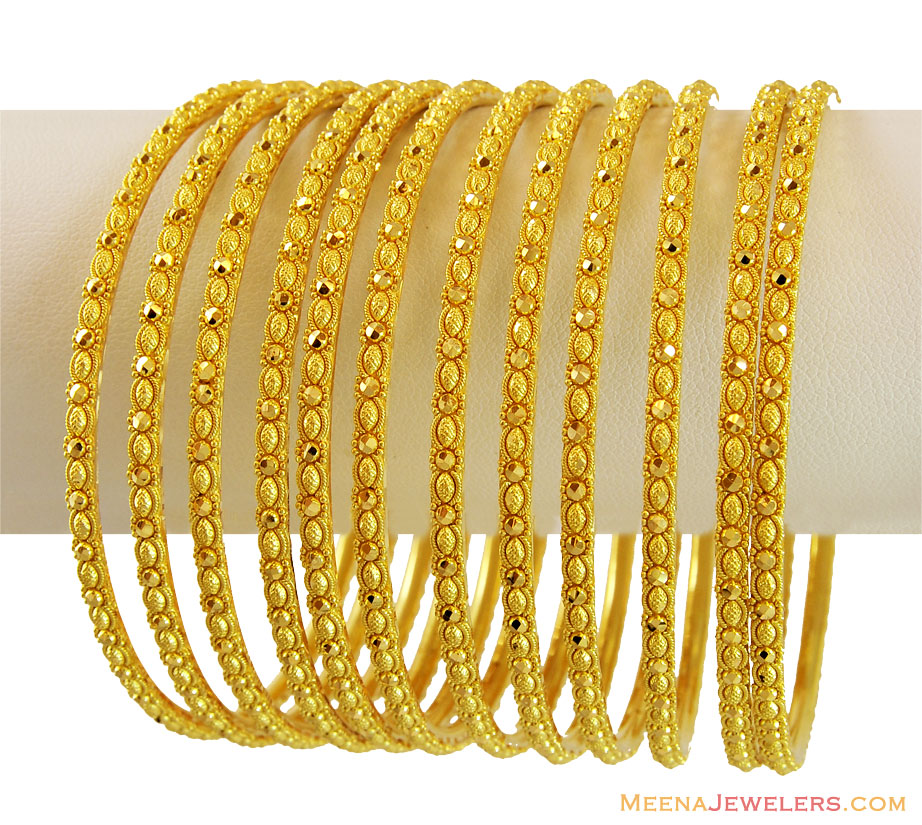 22K Yellow Gold Churi Set (12 Pcs) - BaSt14350 - 22k gold thin churis ...