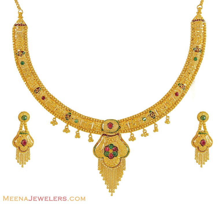 Gold Meenakari Necklace Set - StGd9512 - 22K Gold Necklace and Earrings ...