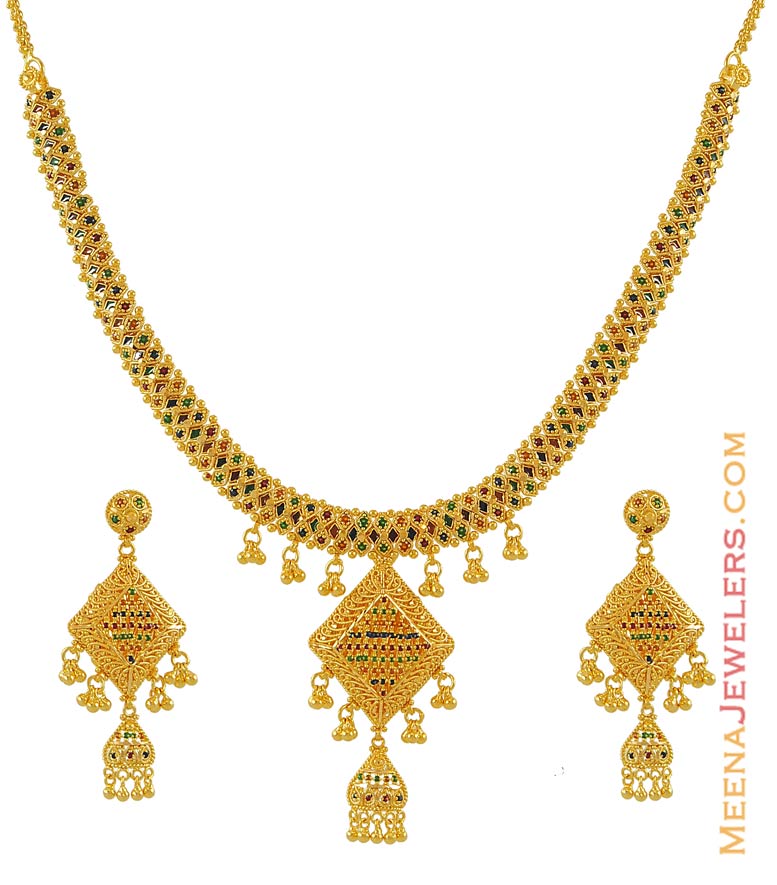 22k Designer Meenakari Set StGd7582 22k gold necklace and earring set with excellent