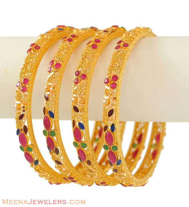 Precious Stone Bangle Set (22k Gold) - BaPs6376 - 22Kt Gold Bangles Set ...