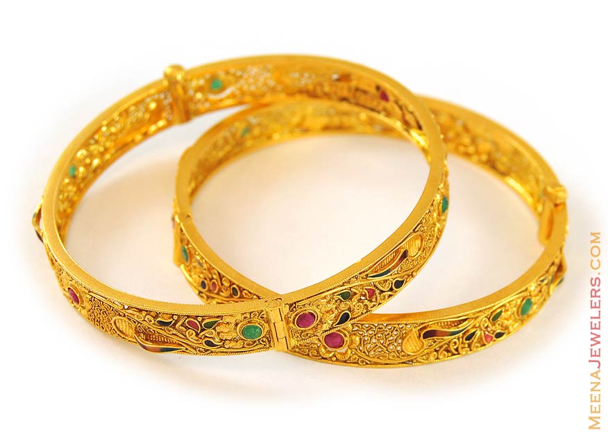 Ruby, Emerald studded Gold Bangles - BaAn6257 - 22K Gold Antique ...