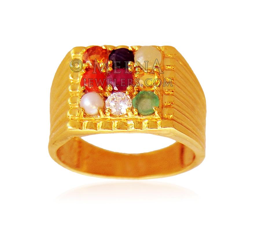 Rose Gold Navaratna ring with the close setting of gems in diamond pattern.