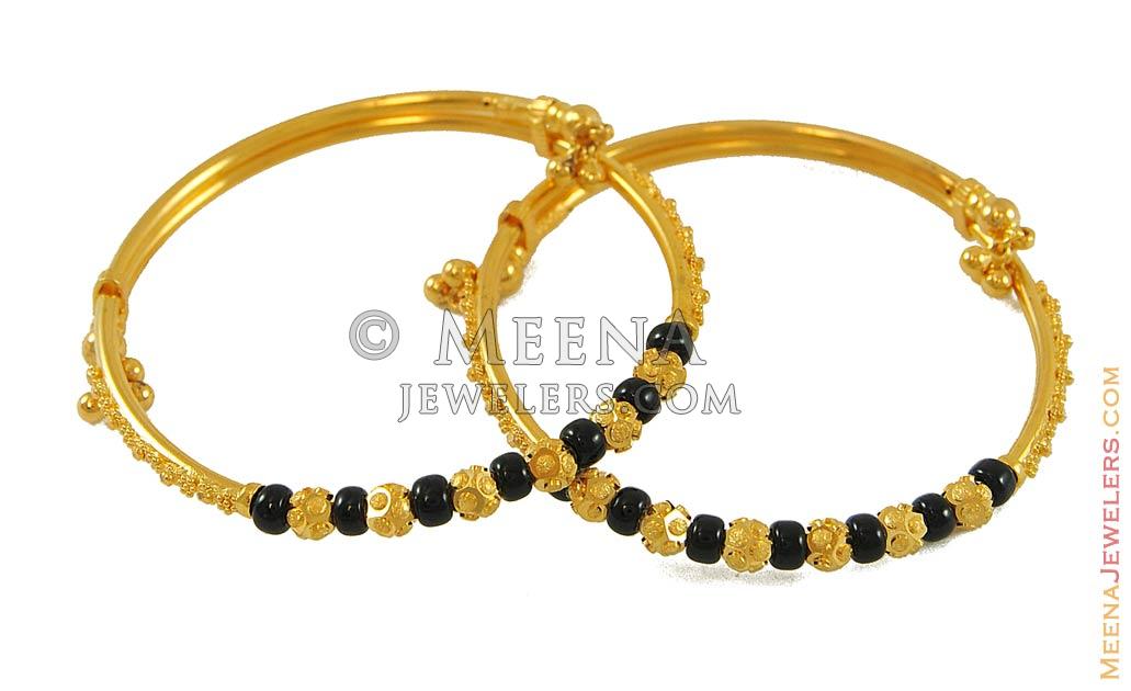 Black Beads Baby Bangle(22k)(2 pcs) - BaBa7766 - 22k yellow gold baby  bangles (kada)(2 pcs) designed beautifully in combination with gold balls  and b