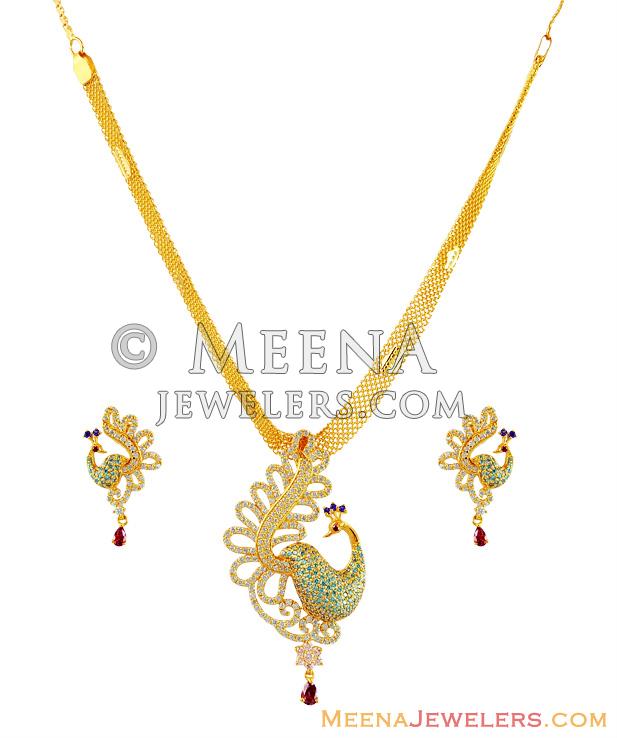 Fancy Peacock Signity Stone Set 22k - stgd15765 - 22k Gold Peacock Pendant  Style Necklace and Earrings Set, beautifully designed in an exclusive patte