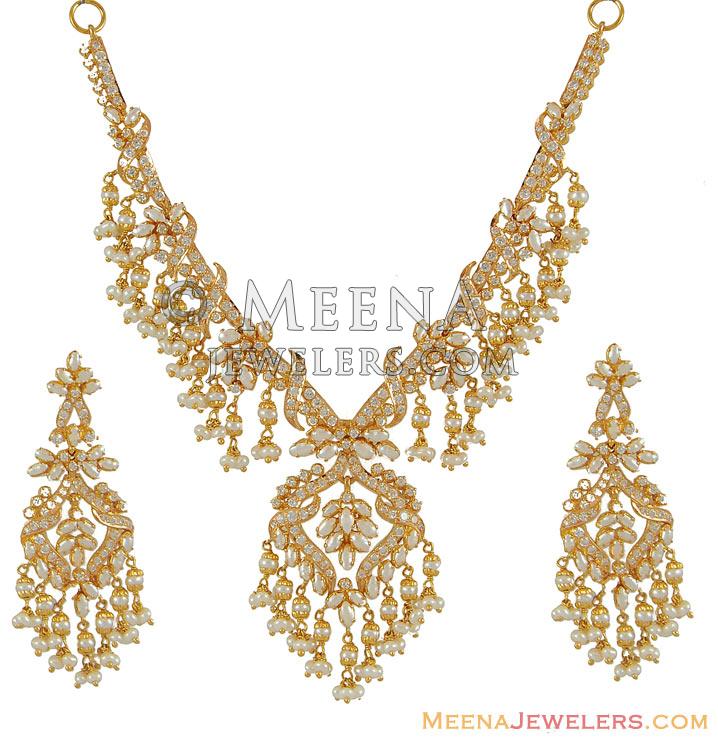 Gold Pearl and CZ Necklace Set
