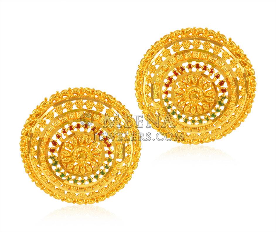 22k Gold Earrings With Meenakari Ergt23361 22k Gold Round Earring Tops Are Beautifully 0250