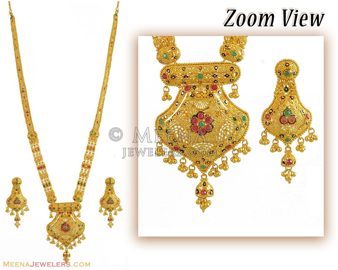 Indian Bridal Necklace Set (22K) - StBr10999 - 22K Gold Long Bridal (patta) Necklace & Earrings 