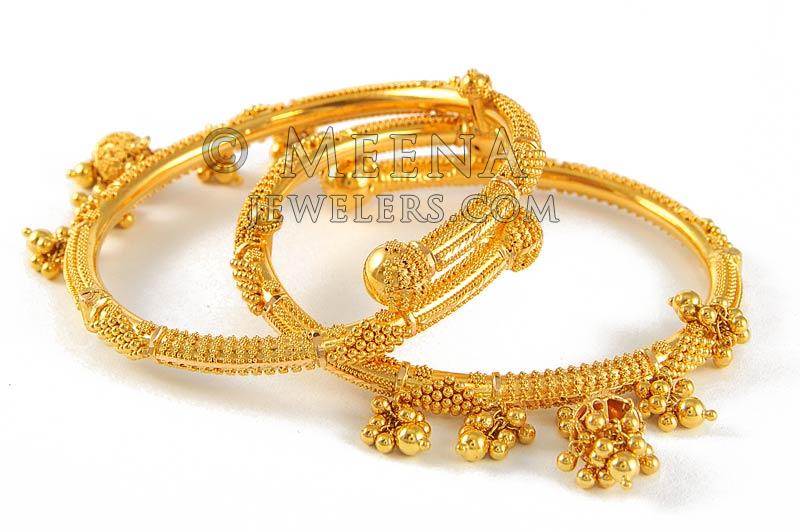 22 Kt Gold Kadas (2pcs) - BaKa4119 - 22kt Gold Kadas with hanging balls ...