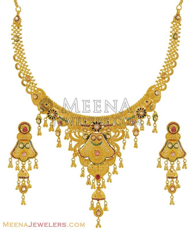 Meenakari Necklace Set 22k Gold Stgo8700 22k Gold Colored Necklace And Earrings Set With 8580