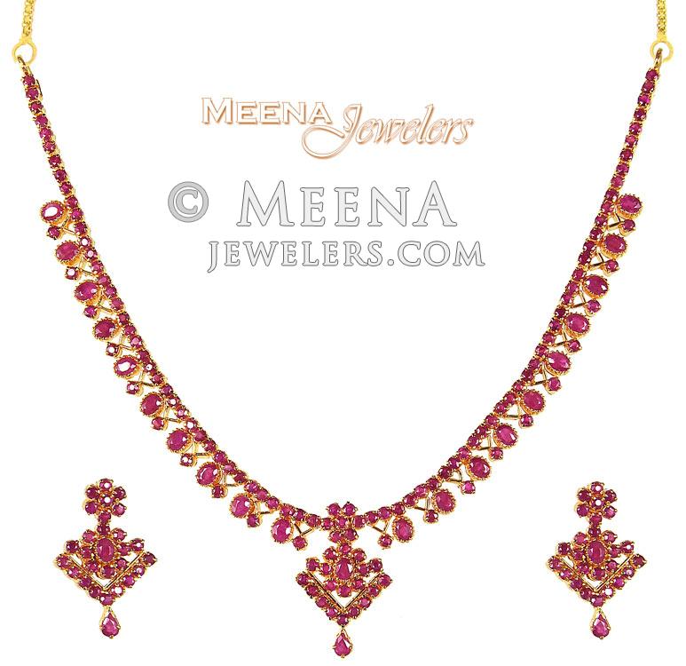 Ruby Necklace and Earrings Set (22K Gold) - PsRu2649 - 22Kt Gold Ruby