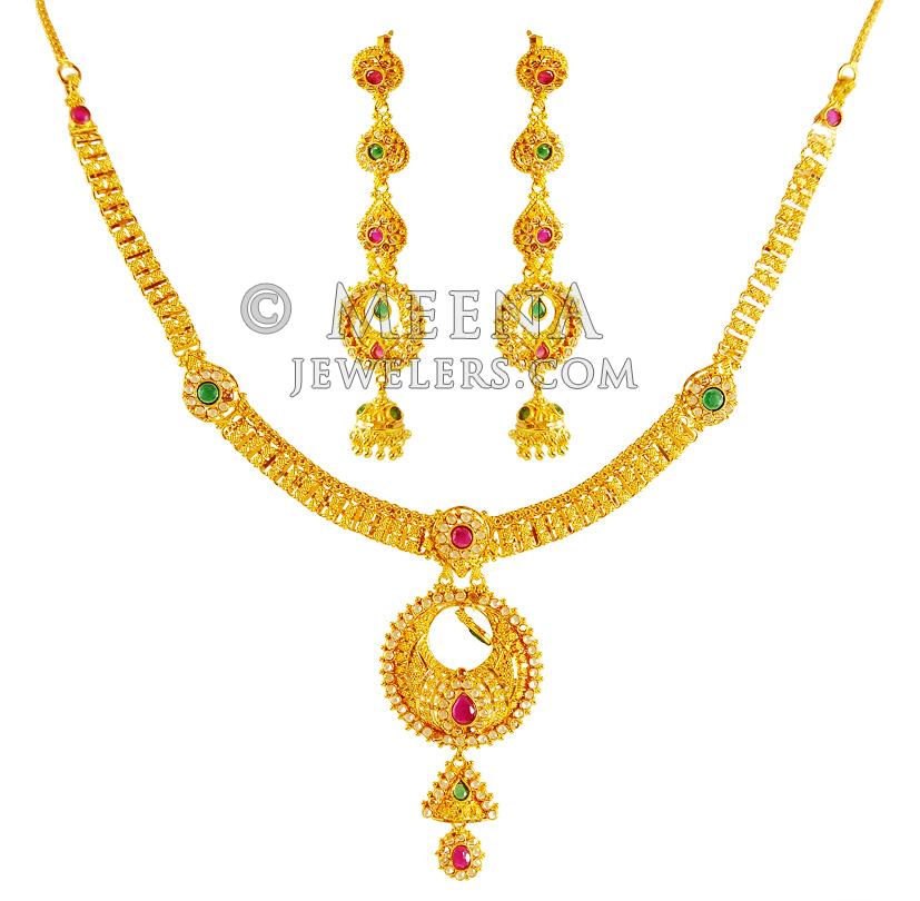 22Karat Gold Chand Bali Set - StLs19624 - 22K Gold chand bali necklace ...