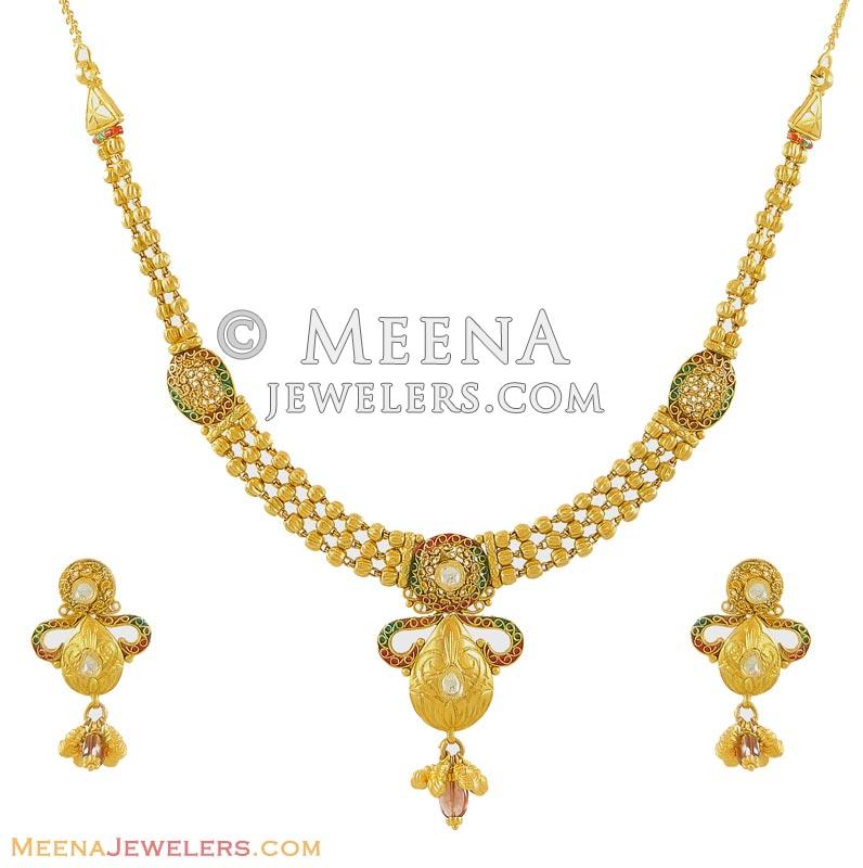 22K Light Kundan Set StLs8301 22k gold light necklace earring set, beautifully designed in