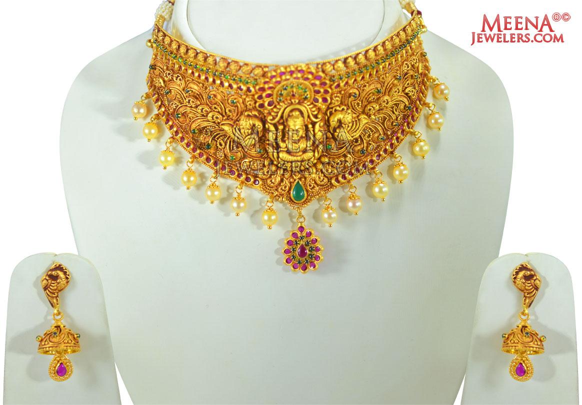 22 Karat Gold Temple Necklace Set - StAn25174 - 22K Gold chokar style ...