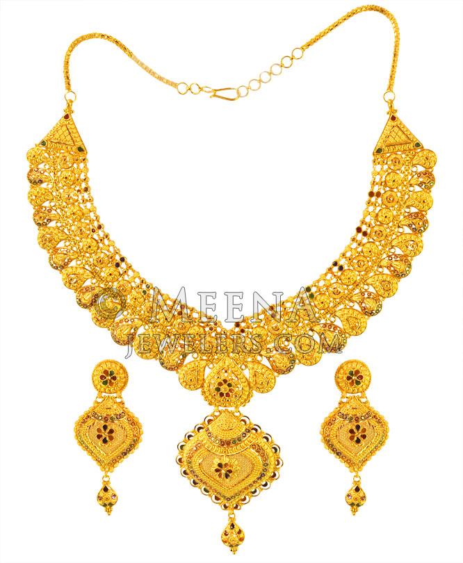 22K Gold Meenakari Necklace Set - StGo23102 - 22k Gold designer ...