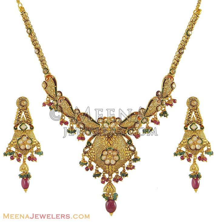 Antique Necklace Earring Set(22k) - StAn7725 - 22k gold necklace ...