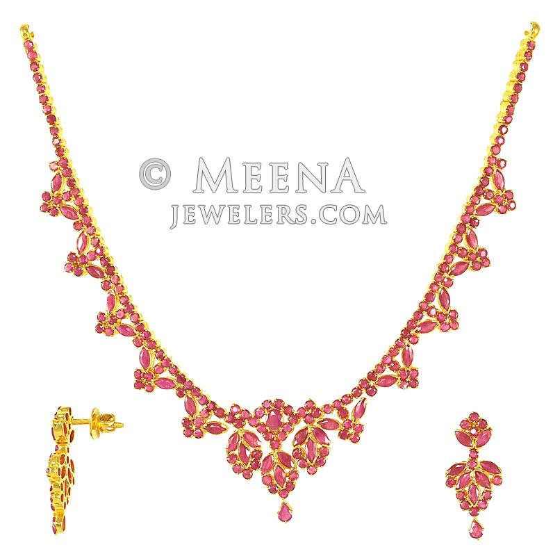 22Kt Ruby Necklace Set - PsRu2773 - 22Kt Gold Ruby Necklace and