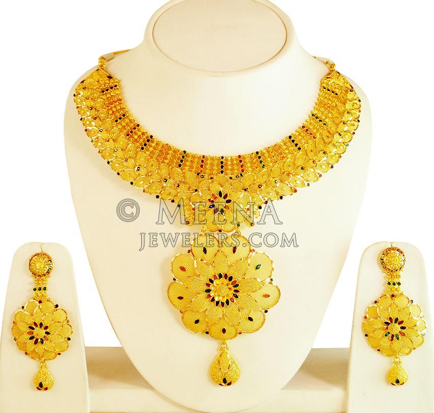 Meenakari 22kt Gold Bridal Set Stbr19787 22k Gold Exclusive Bridal Necklace And Earring Set 1304