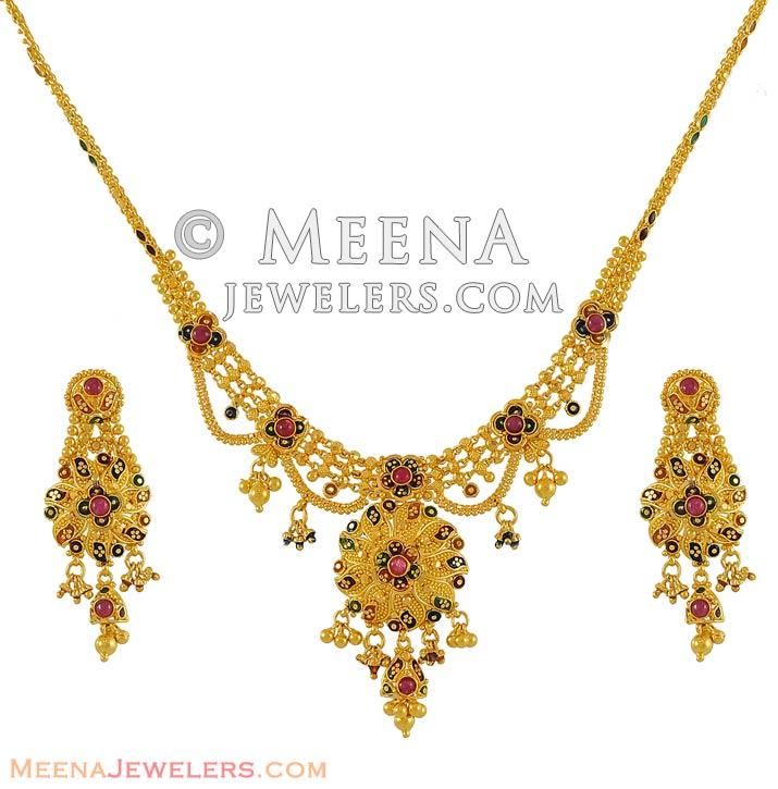 22k Meenakari Necklace Set Stgd6312 22k Gold Fancy Necklace And Earrings Set With Filigree 8783