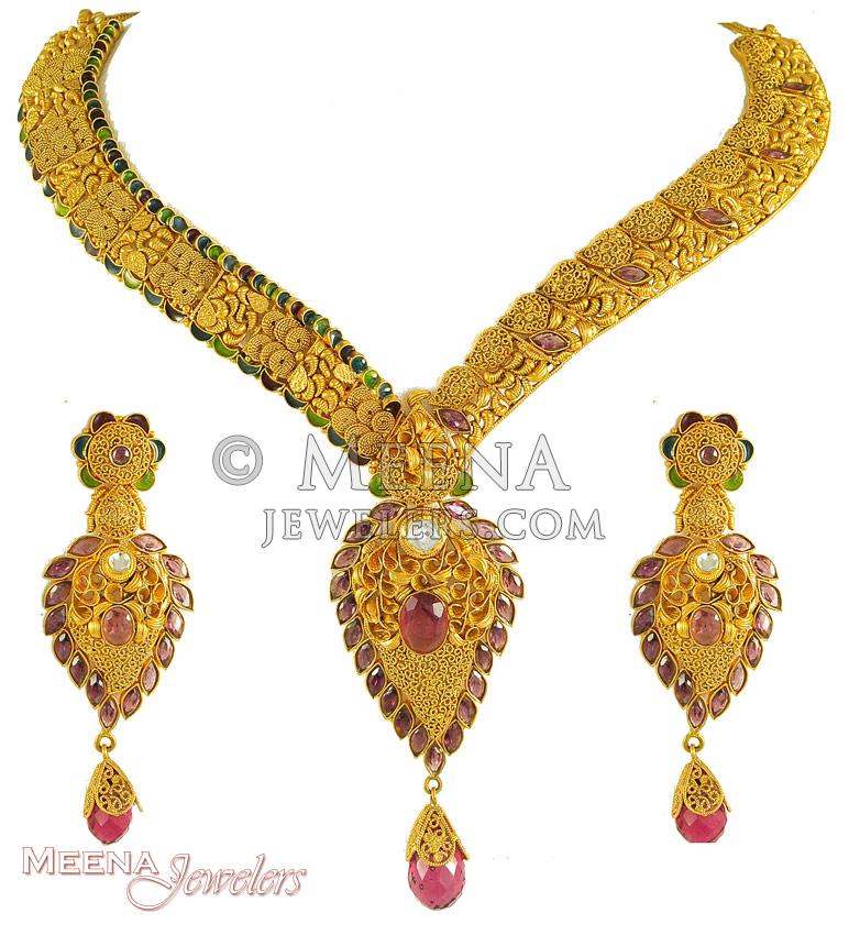 22kt Gold Antique finish Necklace set with Enamel, Stones and Kundan. StAn3333 22kt Gold