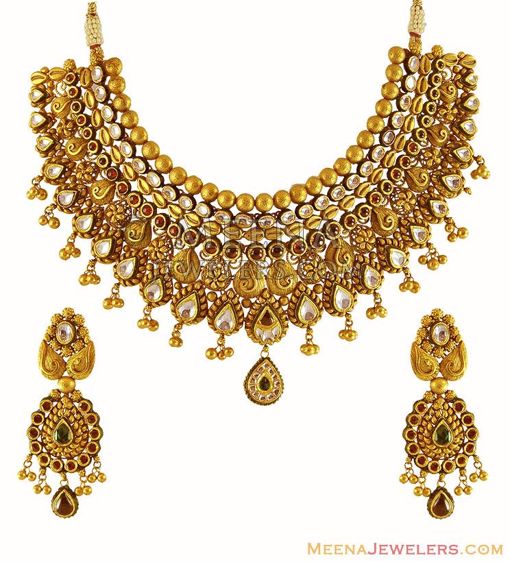 22k Gold Bridal Necklace Set Stan16150 22k Gold Necklace And Earring Set With Kundan Stones 7083