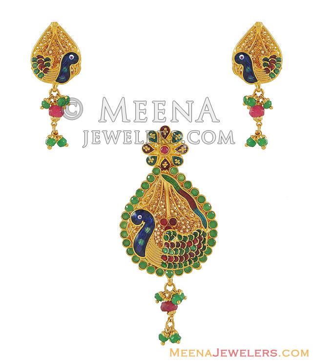 22k Peacock Pendant Set Psan7900 22k Gold Pendant And Earring Set Elegantly Designed With