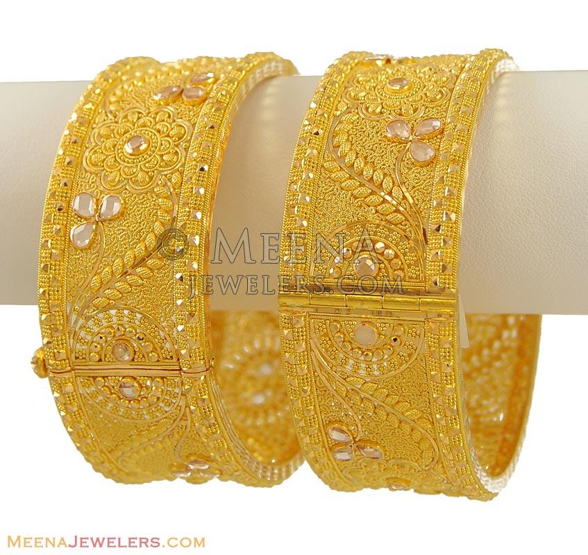 22K Wide Polki Kada - BaKa9355 - 22Kt Gold Kadas(2 pcs), beautifully ...