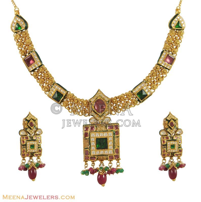 Kundan Necklace Set (22K Gold) - StAn10045 - US$ 9,244 - 22K Gold ...