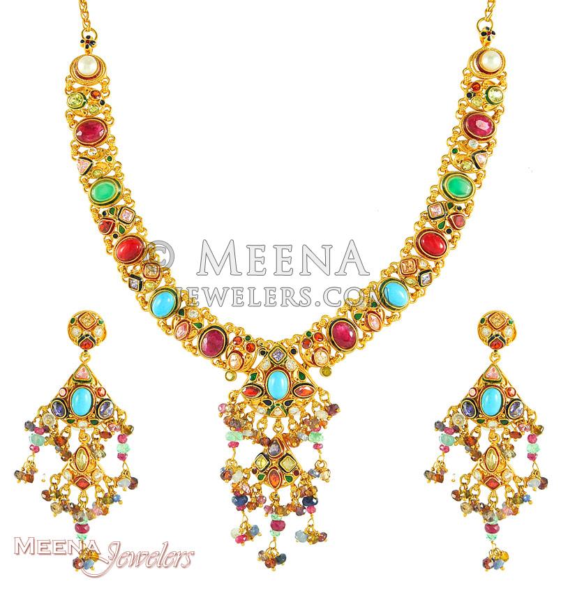 22K Antique Necklace Set StAn3317 22kt gold antique finish necklace and earring set