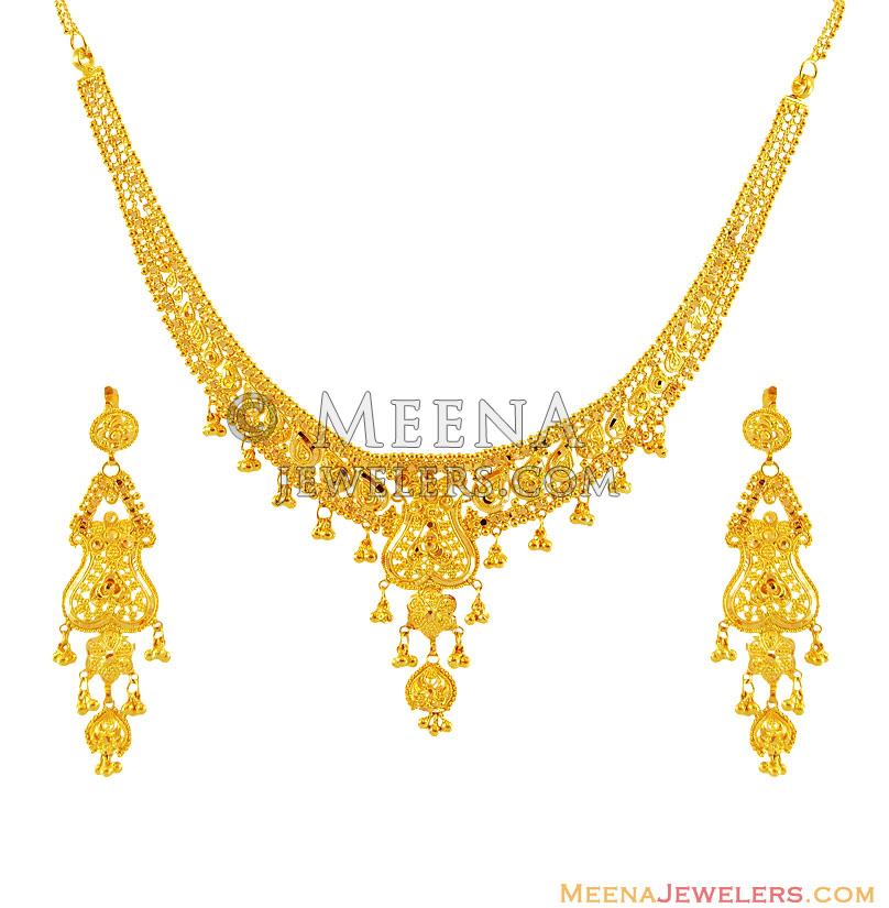 22K Gold Necklace Earring Set - StGo12673 - 22K Gold Necklace Earring ...