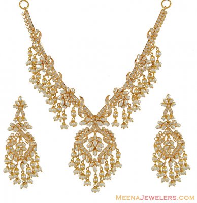 Gold Pearl and CZ Necklace Set ( Combination Necklace Set )