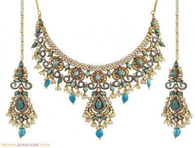 Pearls,Turquoise Designer Necklace Set ( Gold Designer Sets )