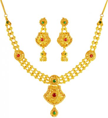 22K Gold Necklace Earring Set ( Gold Designer Sets )