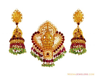 22K Temple Pendant and Earring Set ( Antique Pendant Sets )