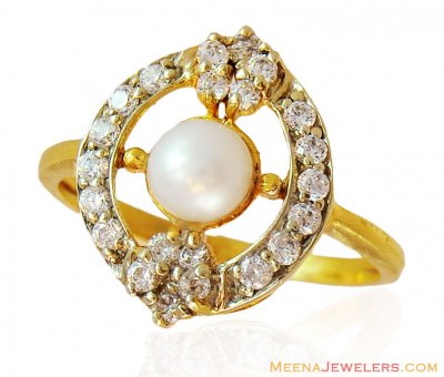 Fancy 22k Ring with Pearl and CZ ( Ladies Signity Rings )