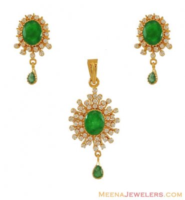 Gold Emerald CZ Pendant Set (22k) ( Precious Stone Pendant Sets )