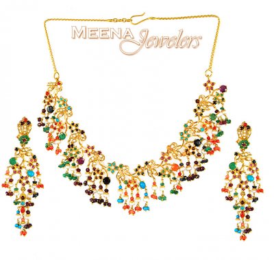Gold Designer Navaratna Necklace ( Combination Necklace Set )