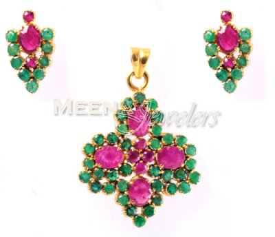 22Kt Gold Emerald, Ruby Pendant Set ( Precious Stone Pendant Sets )
