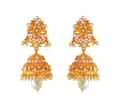 22K Gold Pearl Jhumki ( Precious Stone Earrings )