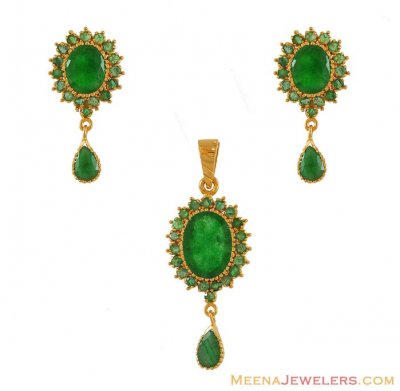 22K Gold Emerald Pendant Set ( Precious Stone Pendant Sets )