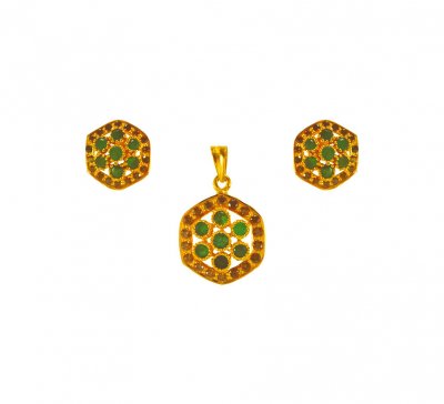 22kt Gold Emerald Pendant Set ( Precious Stone Pendant Sets )
