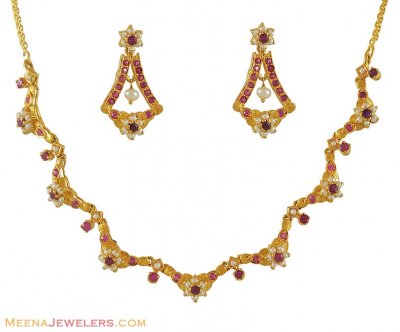 Gold Set with Ruby and Pearls ( Combination Necklace Set )